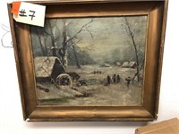 OLD VICTORIAN PAINTING SNOW SCENE ON CANVAS
