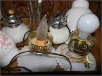 VINTAGE MILK GLASS LAMPS, OIL LAMPS