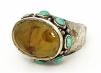 Vintage Yellow Agate & Turquoise Estate Ring