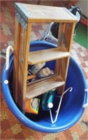 Plastic bucket with wood step stool and various
