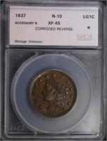 1837 LARGE CENT, N-10 SEGS XF+
