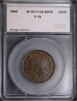 1840 LARGE CENT N-10/11 LARGE DATE, SEGS FINE+