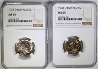 2-1938-D BUFFALO NICKELS, NGC-MS65