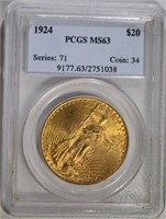 1924 $20 ST GAUDENS GOLD PCGS MS63