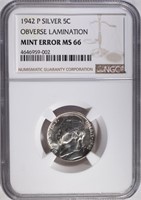 1942P SILVER JEFFERSON NICKEL MINT ERROR NGC MS66