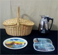 Coffee carafe, trivets, picnic basket,