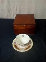Wooden cigar box with Myott cup and saucer