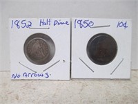1850 Seated Liberty Silver Dime & 1852 Seated