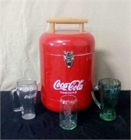 Coca-Cola cooler and 3 glasses