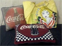 2 PC. Coca-Cola throw pillows and Ed Hardy tote