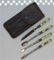 Antique Guilloche Enamel Nail Tool Kit w/ Case