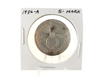 1936-A GERMAN SILVER 5 MARK COIN
