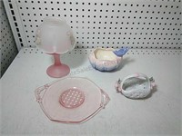 Pink glass candle holder, Pink muffin plate &