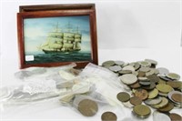 GROUPING OF FOREIGN COINS IN TALL SHIP BOX