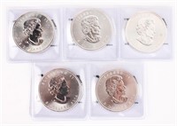 (5) SILVER CANADIAN MAPLE $5.00 ONE OUNCE COINS