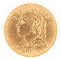 1927 B SWISS HELVETIA 20 FRANCS GOLD COIN
