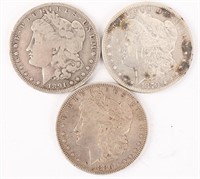 3 SILVER MORGAN DOLLARS 1879S 1880P 1891O