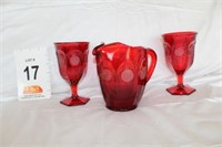 Fostoria Ruby Coin Glass Pitcher 6.5" & 2 Goblets
