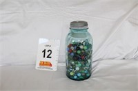 #7 Blue Jar w/ Zinc Lid 3/4 Full of Marbles
