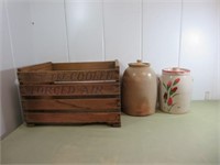 Wood Crate & (2) Stoneware Crocks