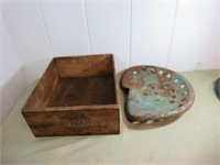 Wood Crate and Vintage Metal Tractor Seat