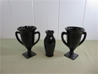 (3) Very Dark Amethyst/Black Glass Vases
