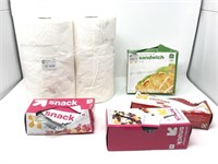New sandwich bags paper towels-boxes opened