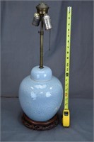 BLUE CELADON GINGER JAR LAMP, CARVED WOOD BASE