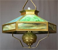 ARTS/CRAFTS BRASS & PANEL GLASS, HANGING OIL LAMP