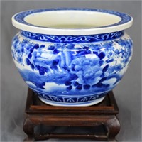 CHINESE EXPORT CANTON B&W FLOWER BOWL/WOODEN STAND