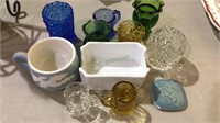 8 colored glass toothpick holders, Syracuse cup,