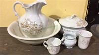 6 piece antique wash set, pitcher & bowl, 3 cups,
