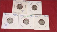 Five mercury head dimes, 1916, 17, 19, 18, 20,