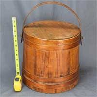 STAVED BUCKETS w/ LIDS, & WOODEN CHEESE BOX, 3 PC,