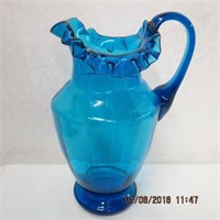 Hand blown blue glass ruffled top 10" pitcher