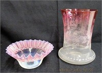 Threaded Cranberry opalescent ruffled 5.5" bowl