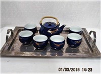 Japanese tea set on silver handled tray (1 handle