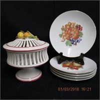 5 fruit plates and a fruit lattice pedestal bowl
