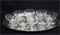 Set of 8 crystal sherbets on 18" oval silver