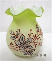 Enameled hand blown satin glass ruffled top vase