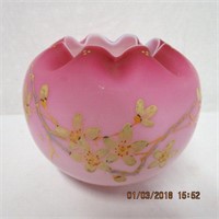 Enameled cased satin glass rose bowl 5"H