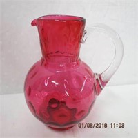 Cranberry glass coin dot jug applied handle 6.25"H