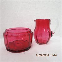 Cranberry glass sugar and creamer applied handle