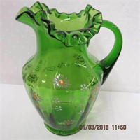 Victorian green glass pitcher enamel overlay