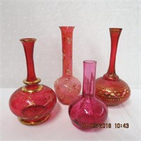Collection of 4 Cranberry bud vases all with