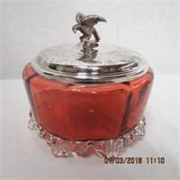 Ruffled base Cranberry powder jar with silver lid
