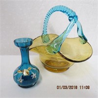 Handblown amber glass basket with applied blue