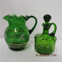 Victorian green glass cruet and 5.5" jug, ruffle