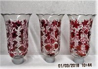 Set of 3 Ruby decorated hurricane glass
