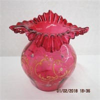 Hand blown enamel overlay Cranberry Jack in the